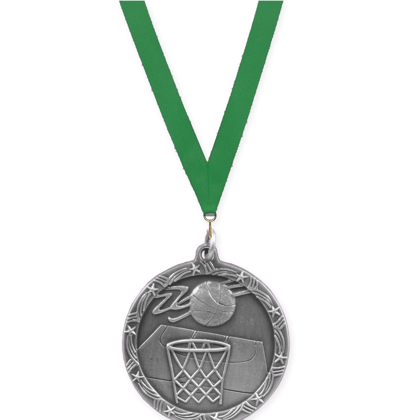 1 3/4 inch basketball Shooting Star medal in antique silver with Green neck ribbon
