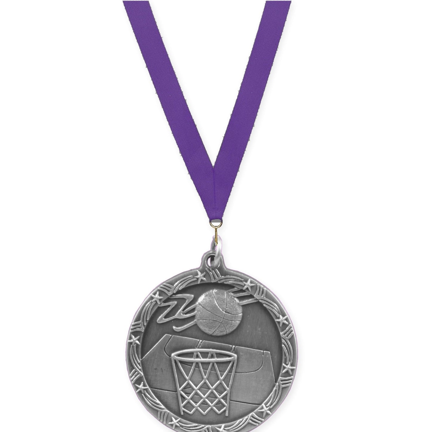 1 3/4 inch basketball Shooting Star medal in antique silver with Purple neck ribbon