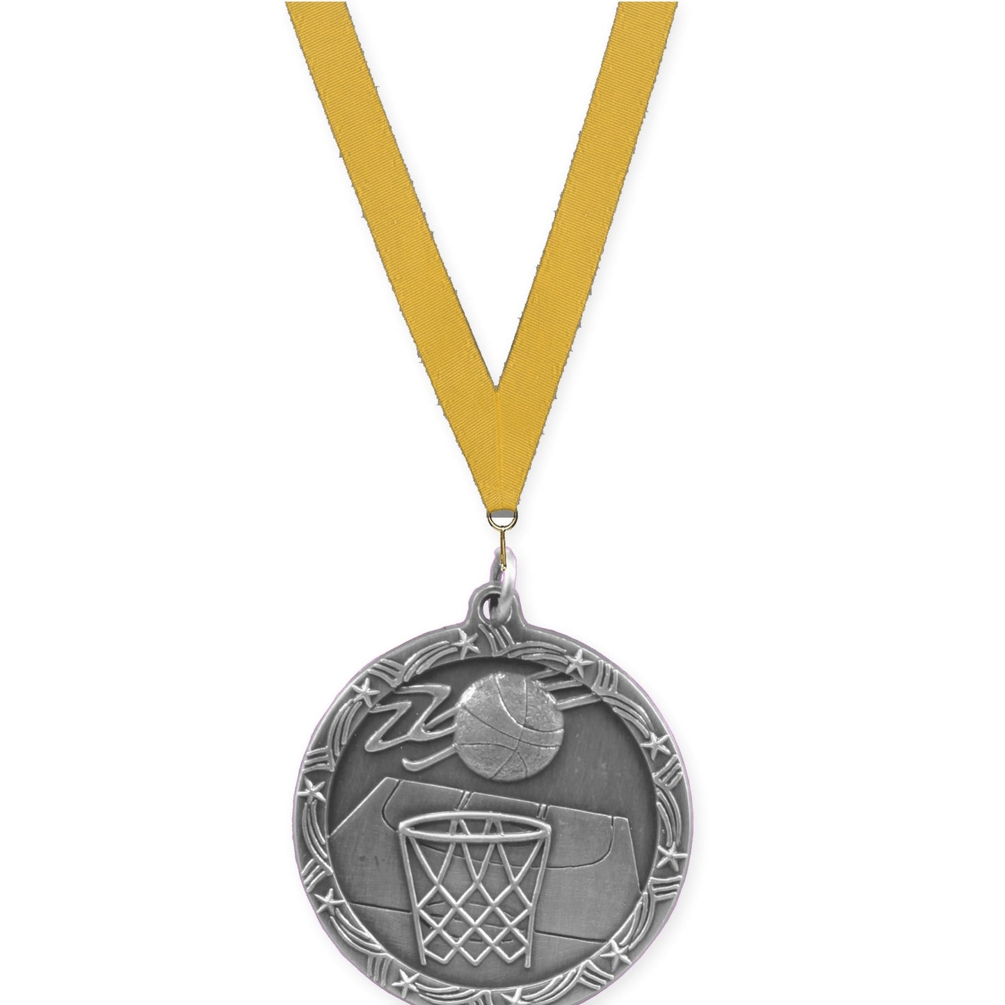 1 3/4 inch basketball Shooting Star medal in antique silver with Gold neck ribbon