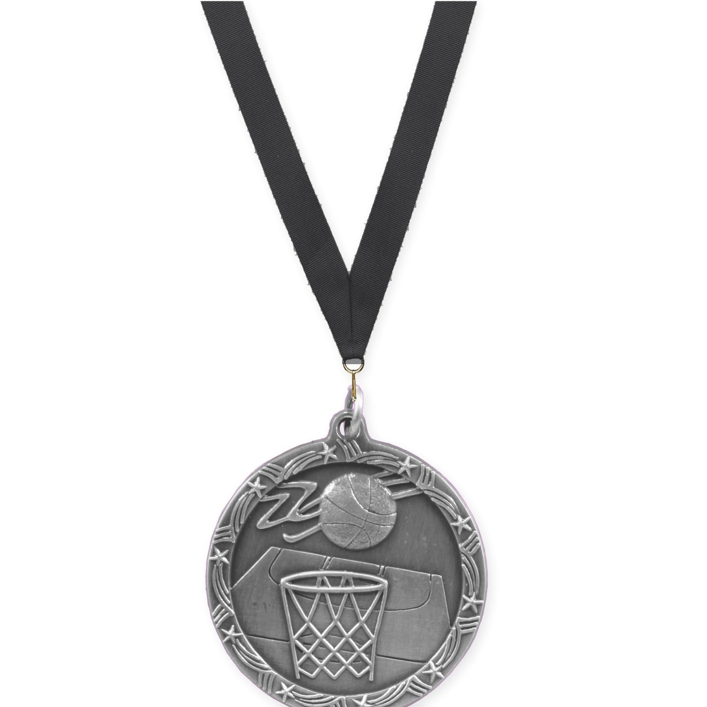 1 3/4 inch basketball Shooting Star medal in antique silver with Black neck ribbon