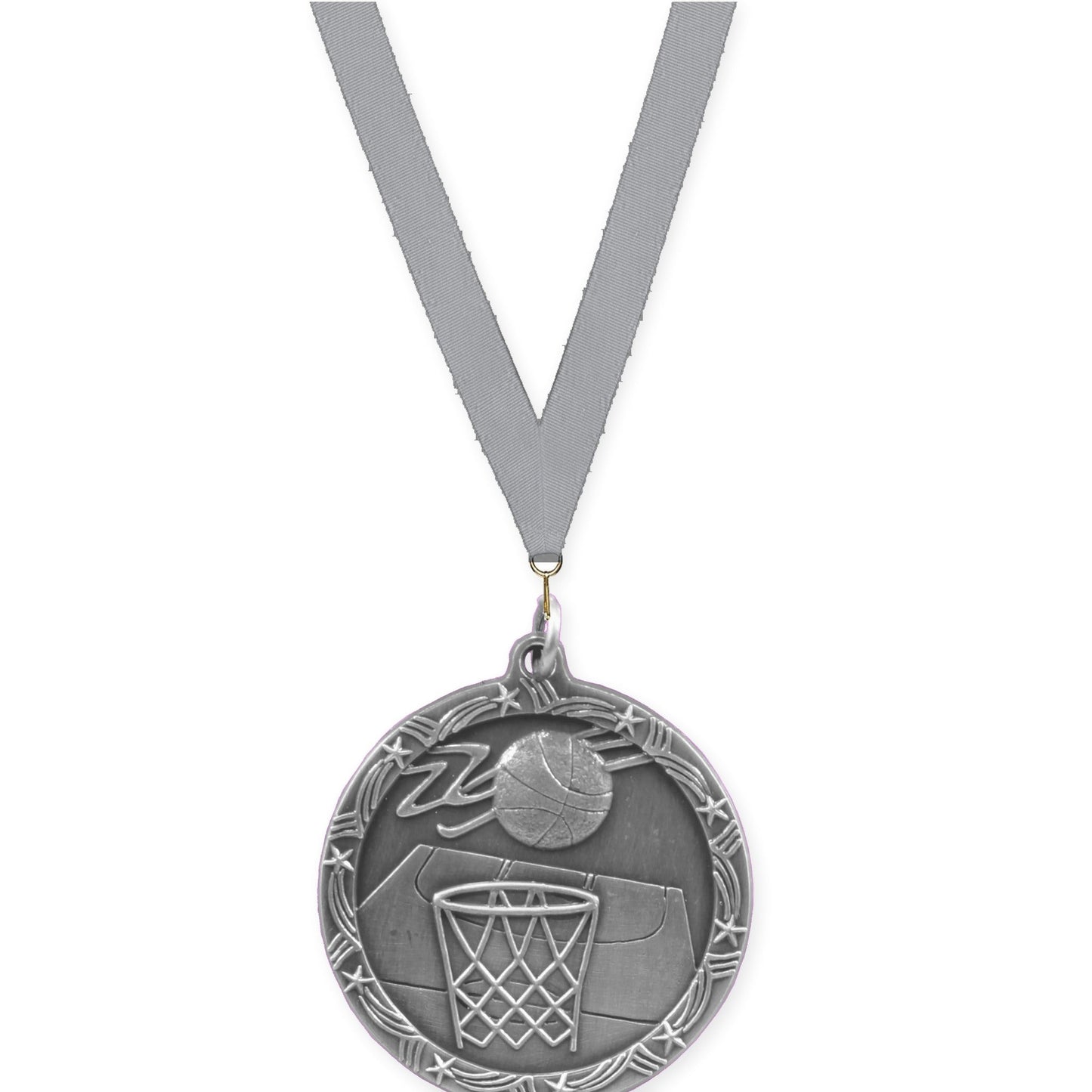 1 3/4 inch basketball Shooting Star medal in antique silver with Gray neck ribbon