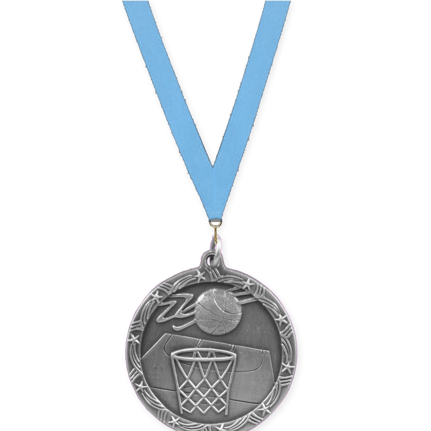 1 3/4 inch basketball Shooting Star medal in antique silver with Light Blue neck ribbon