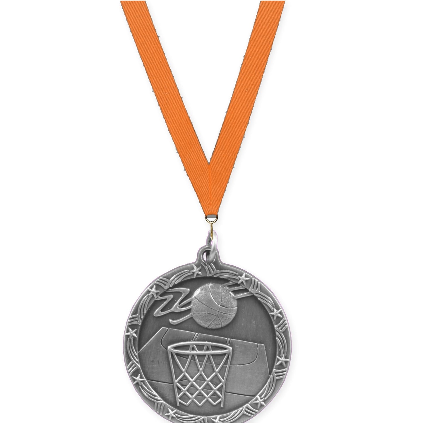 1 3/4 inch basketball Shooting Star medal in antique silver with Orange neck ribbon