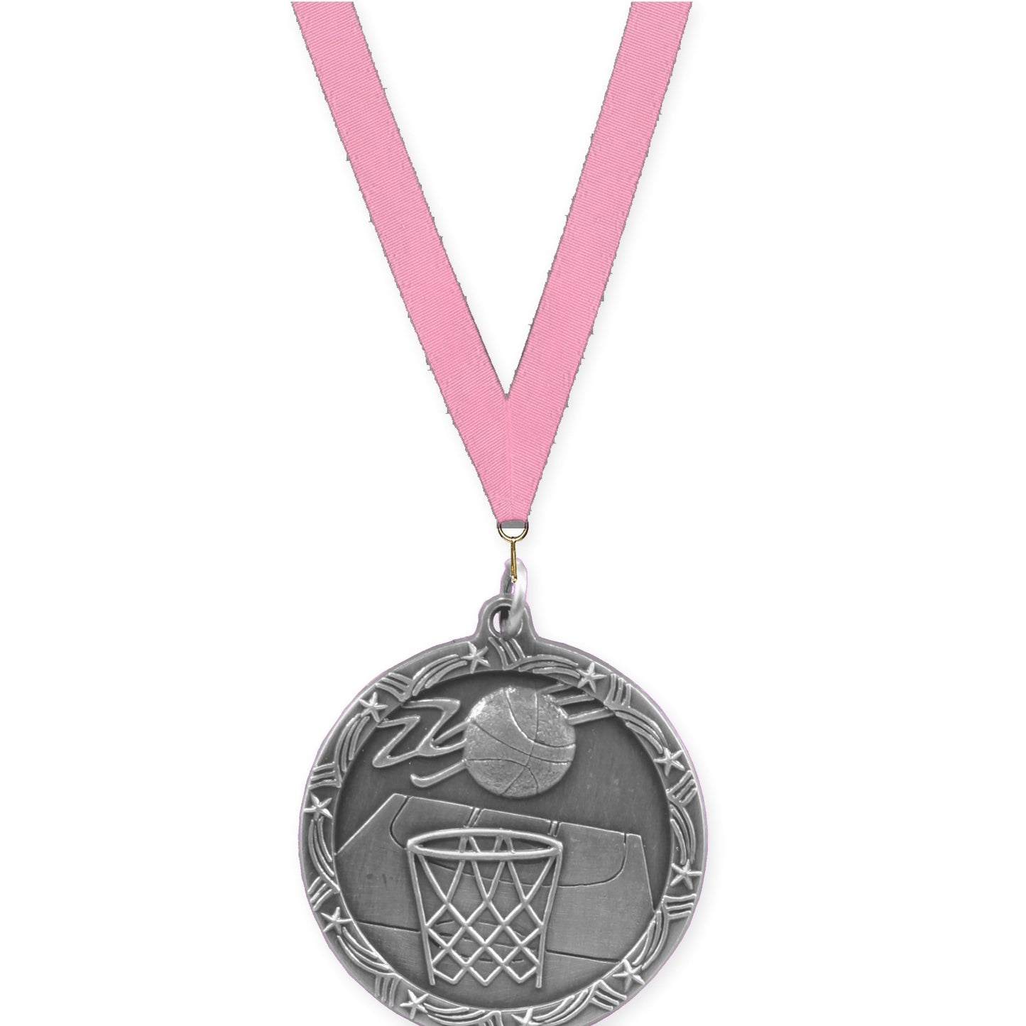 1 3/4 inch basketball Shooting Star medal in antique silver with Pink neck ribbon