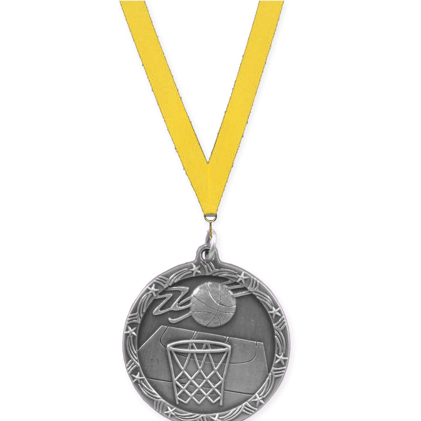 1 3/4 inch basketball Shooting Star medal in antique silver with Yellow neck ribbon