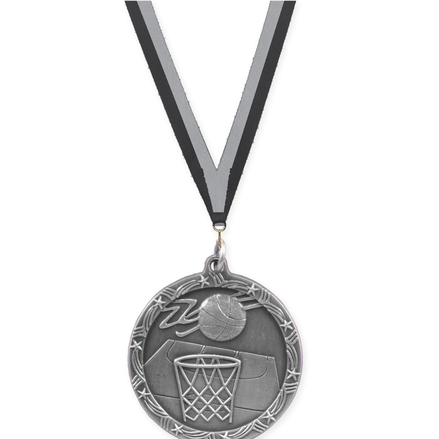 1 3/4 inch basketball Shooting Star medal in antique silver with Black Gray neck ribbon