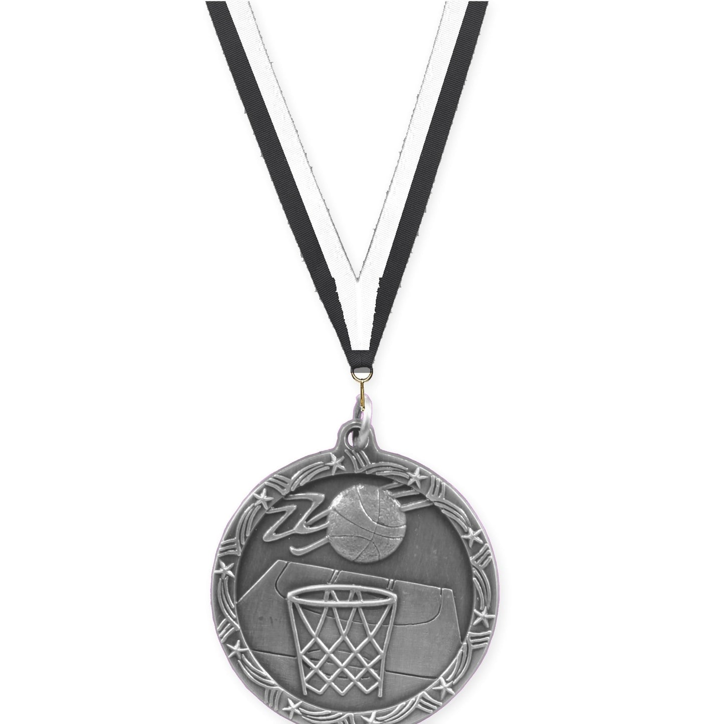 1 3/4 inch basketball Shooting Star medal in antique silver with Black White neck ribbon
