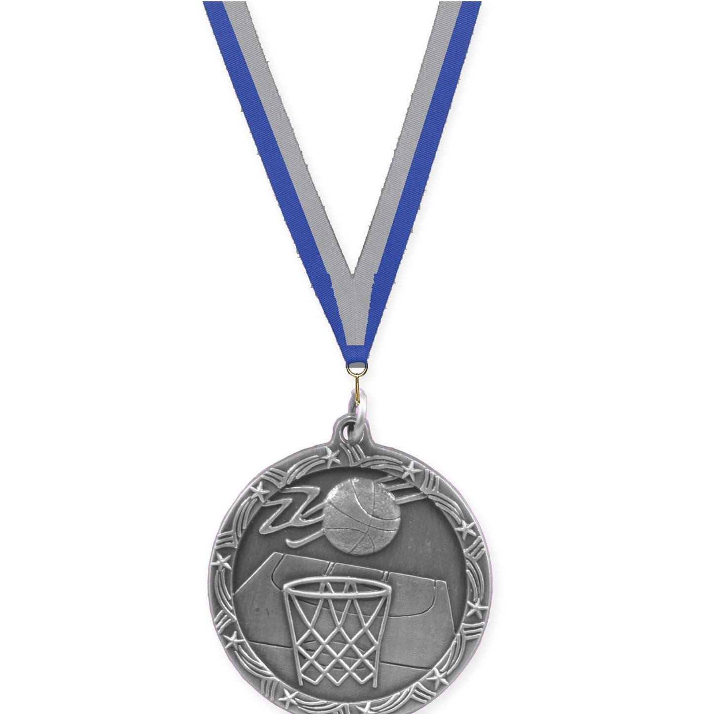 1 3/4 inch basketball Shooting Star medal in antique silver with Blue Gray neck ribbon