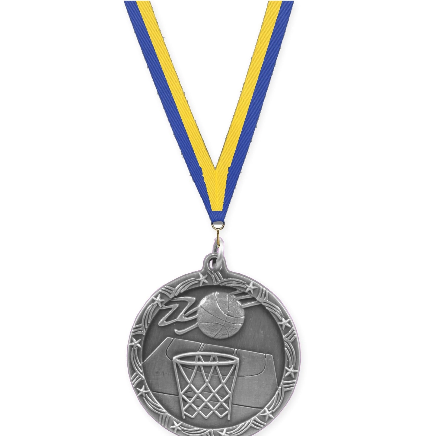 1 3/4 inch basketball Shooting Star medal in antique silver with Blue Yellow neck ribbon