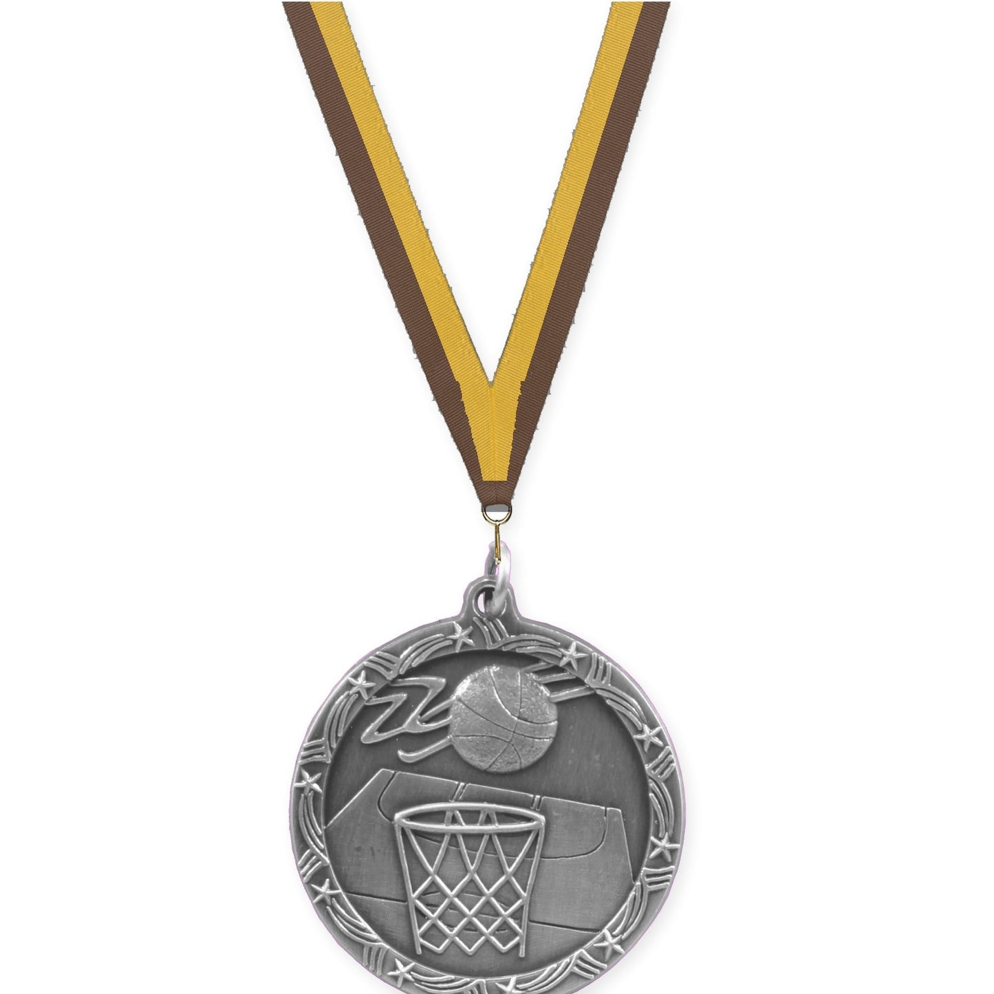 1 3/4 inch basketball Shooting Star medal in antique silver with Brown Gold neck ribbon