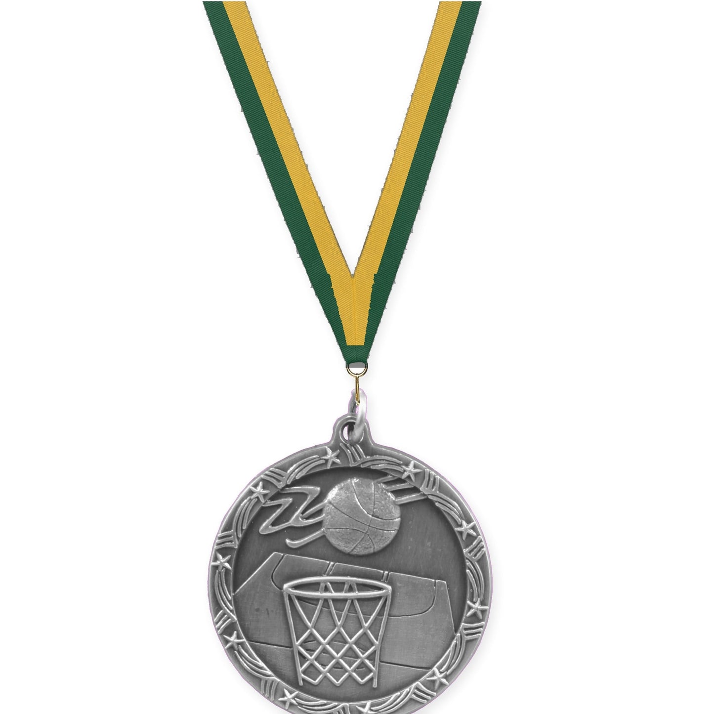 1 3/4 inch basketball Shooting Star medal in antique silver with Hunter Green Gold neck ribbon
