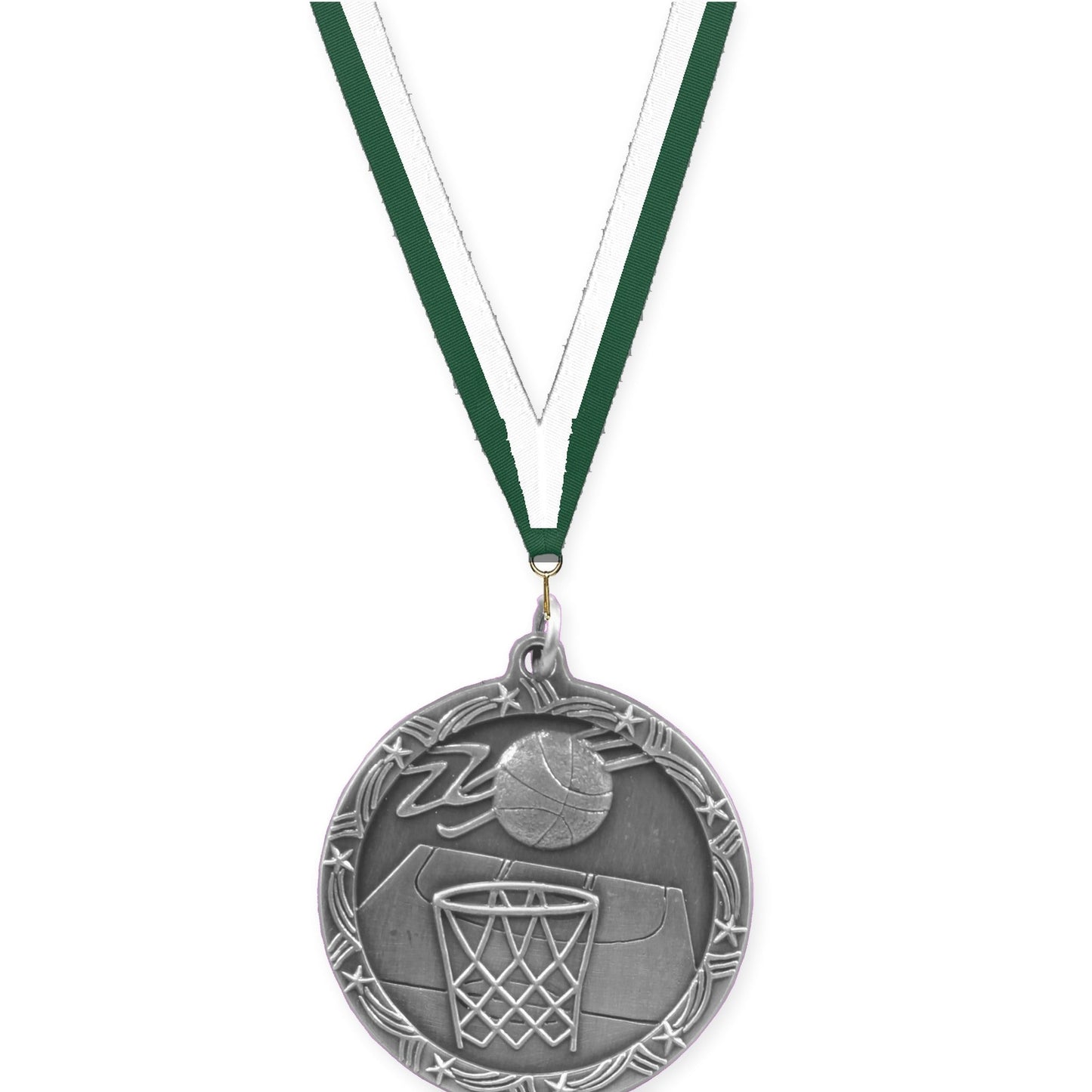 1 3/4 inch basketball Shooting Star medal in antique silver with Hunter Green White neck ribbon