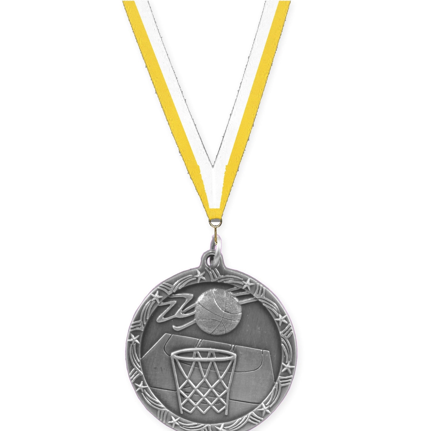 1 3/4 inch basketball Shooting Star medal in antique silver with Yellow White neck ribbon