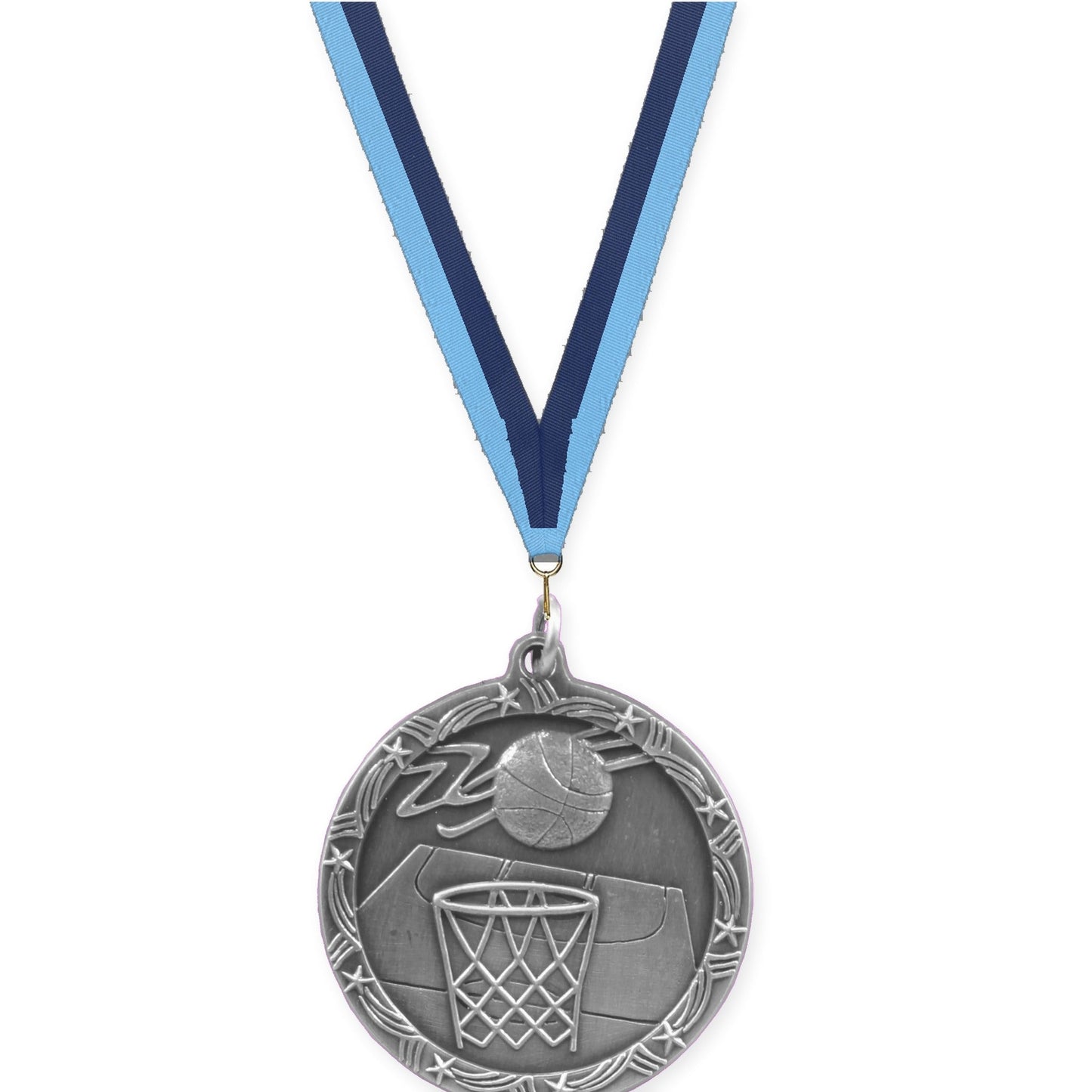 1 3/4 inch basketball Shooting Star medal in antique silver with Light Blue Navy neck ribbon