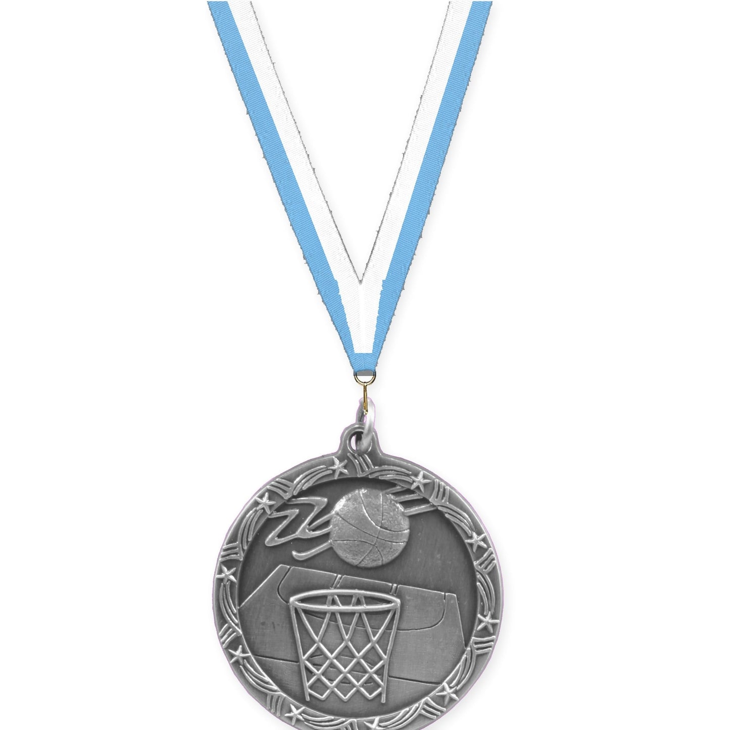 1 3/4 inch basketball Shooting Star medal in antique silver with Light Blue White neck ribbon