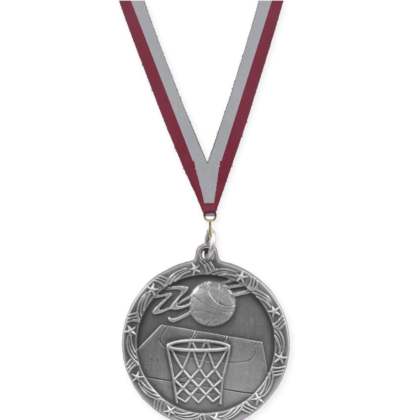 1 3/4 inch basketball Shooting Star medal in antique silver with Maroon Gray neck ribbon