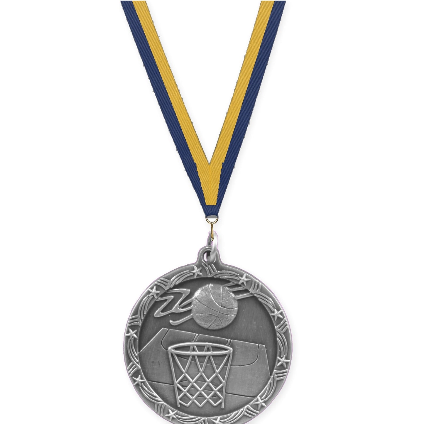 1 3/4 inch basketball Shooting Star medal in antique silver with Navy Gold neck ribbon