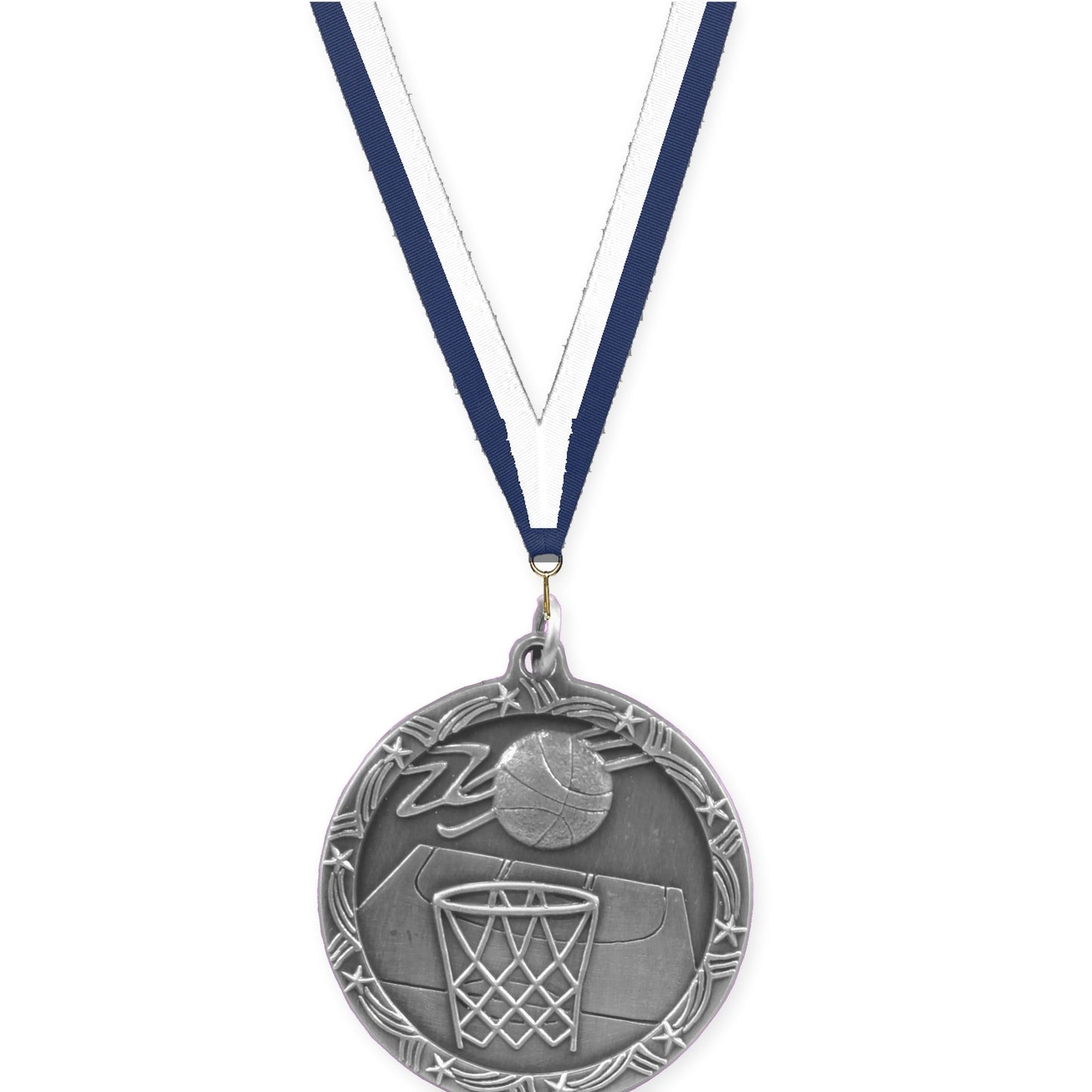 1 3/4 inch basketball Shooting Star medal in antique silver with Navy White neck ribbon