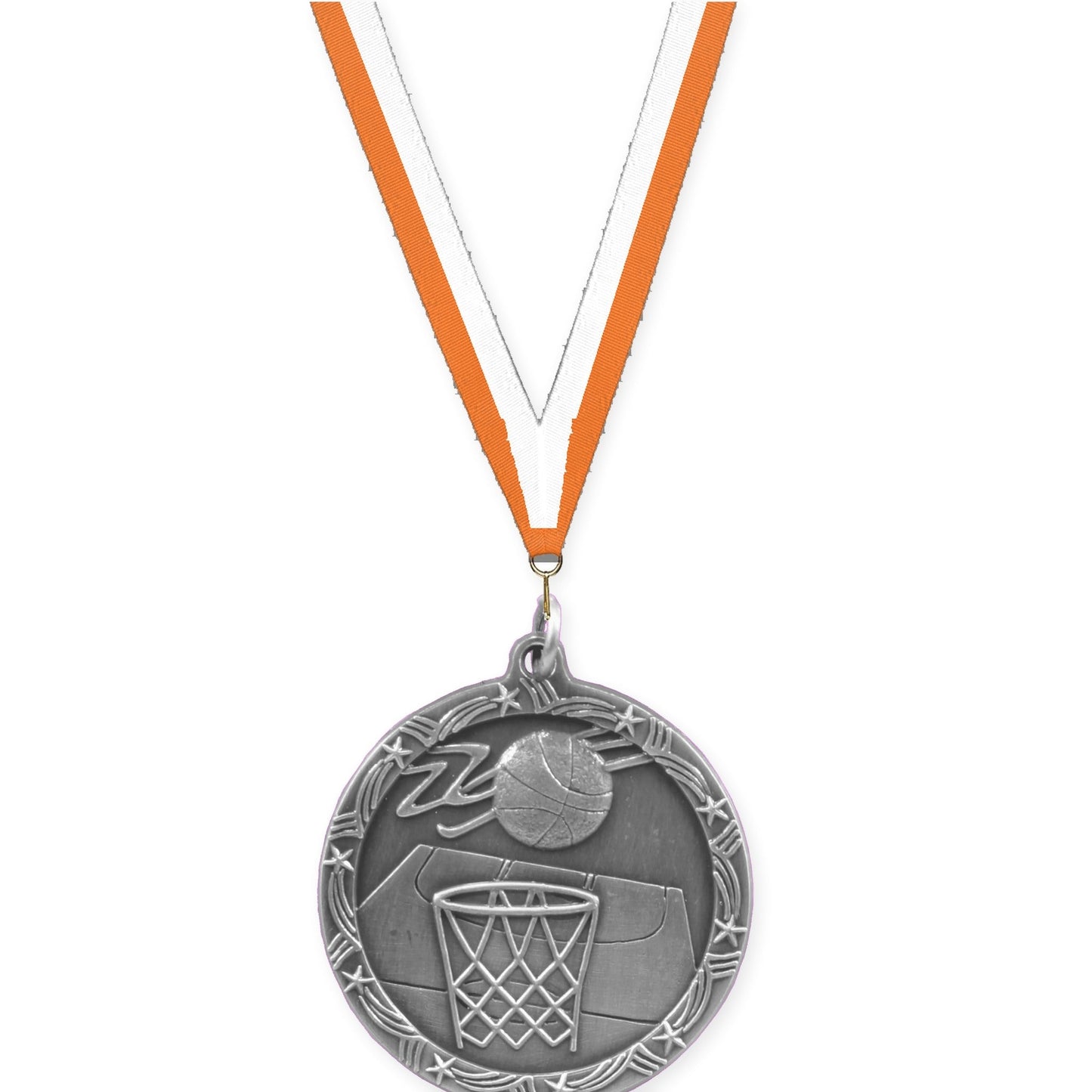 1 3/4 inch basketball Shooting Star medal in antique silver with Orange White neck ribbon