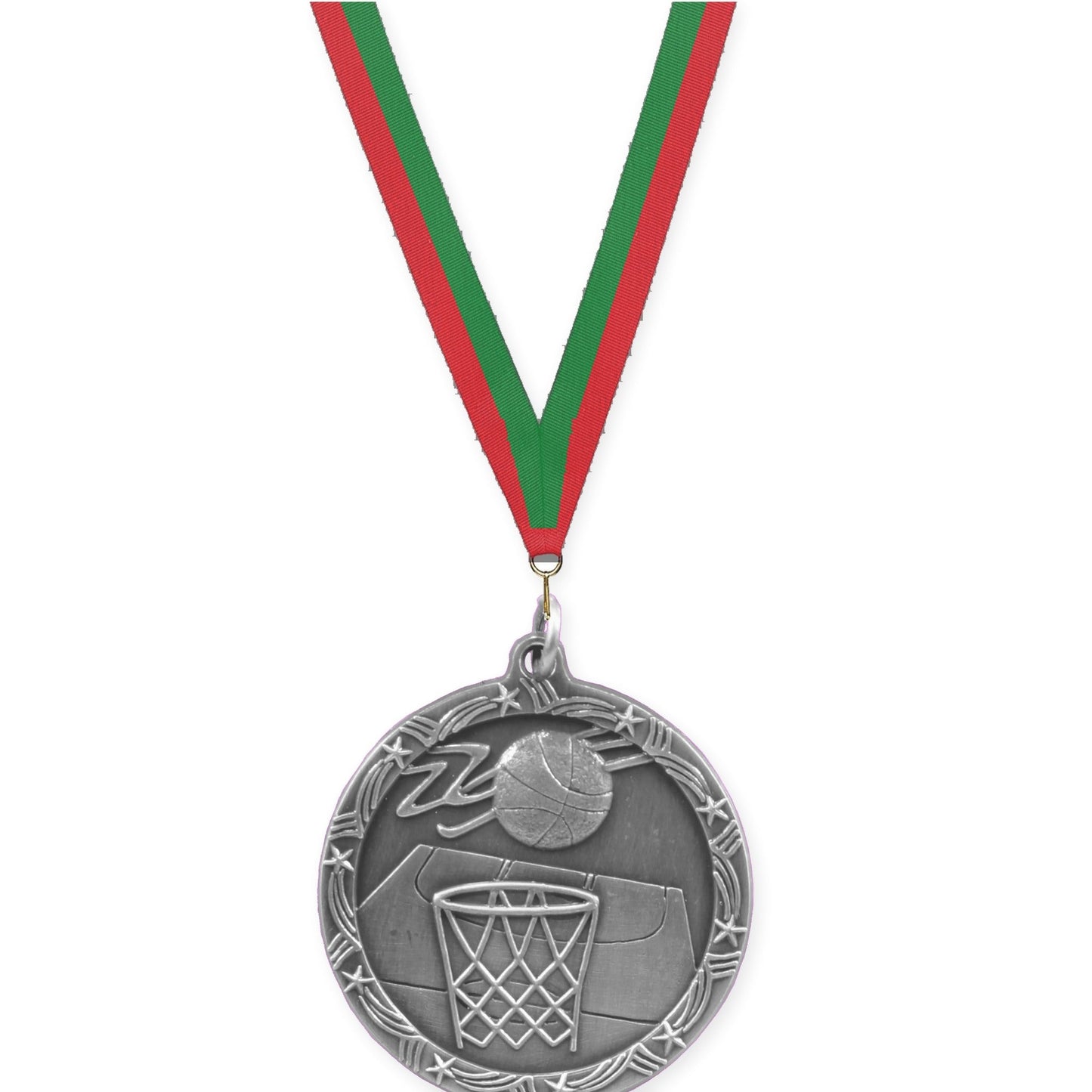 1 3/4 inch basketball Shooting Star medal in antique silver with Red Green neck ribbon