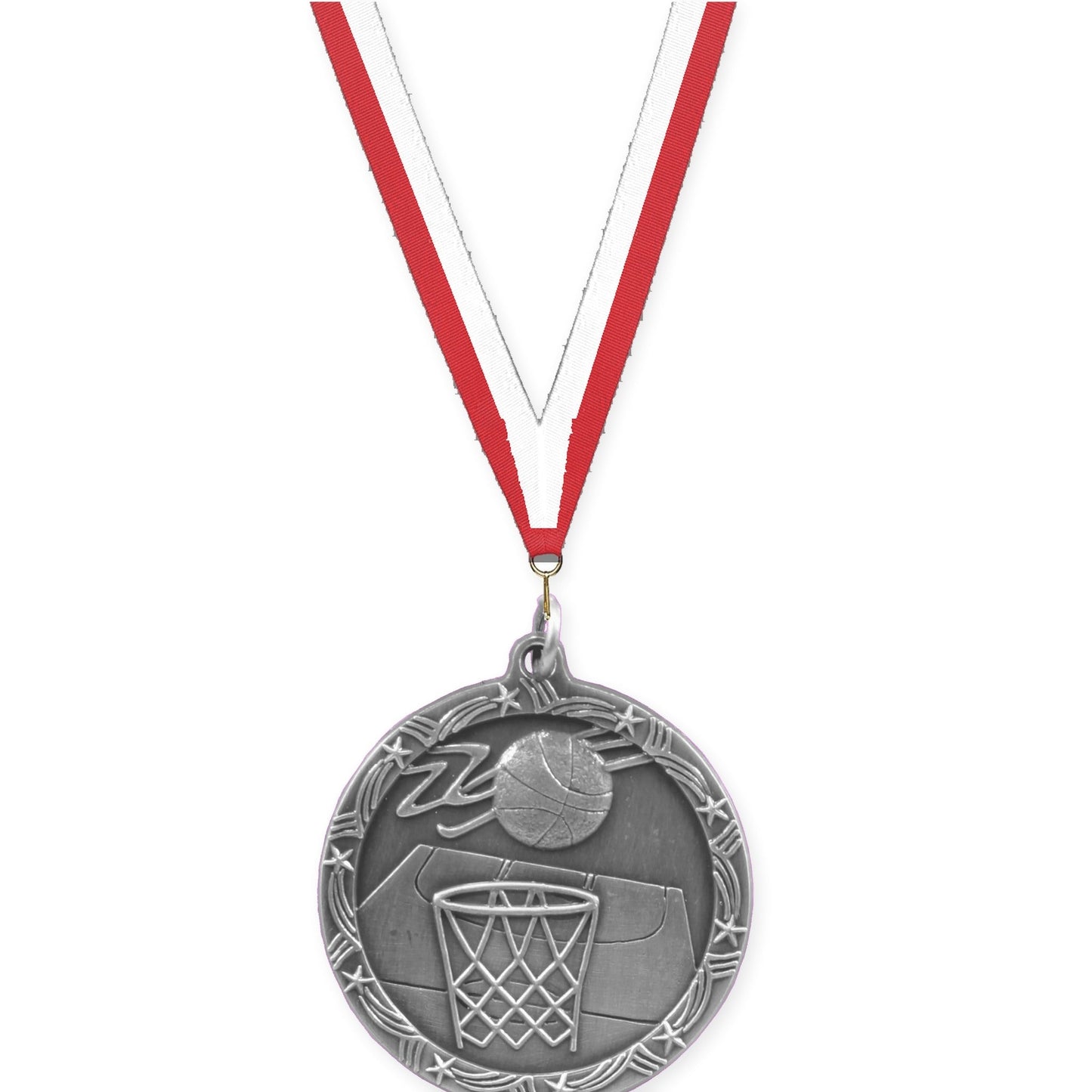 1 3/4 inch basketball Shooting Star medal in antique silver with Red White neck ribbon