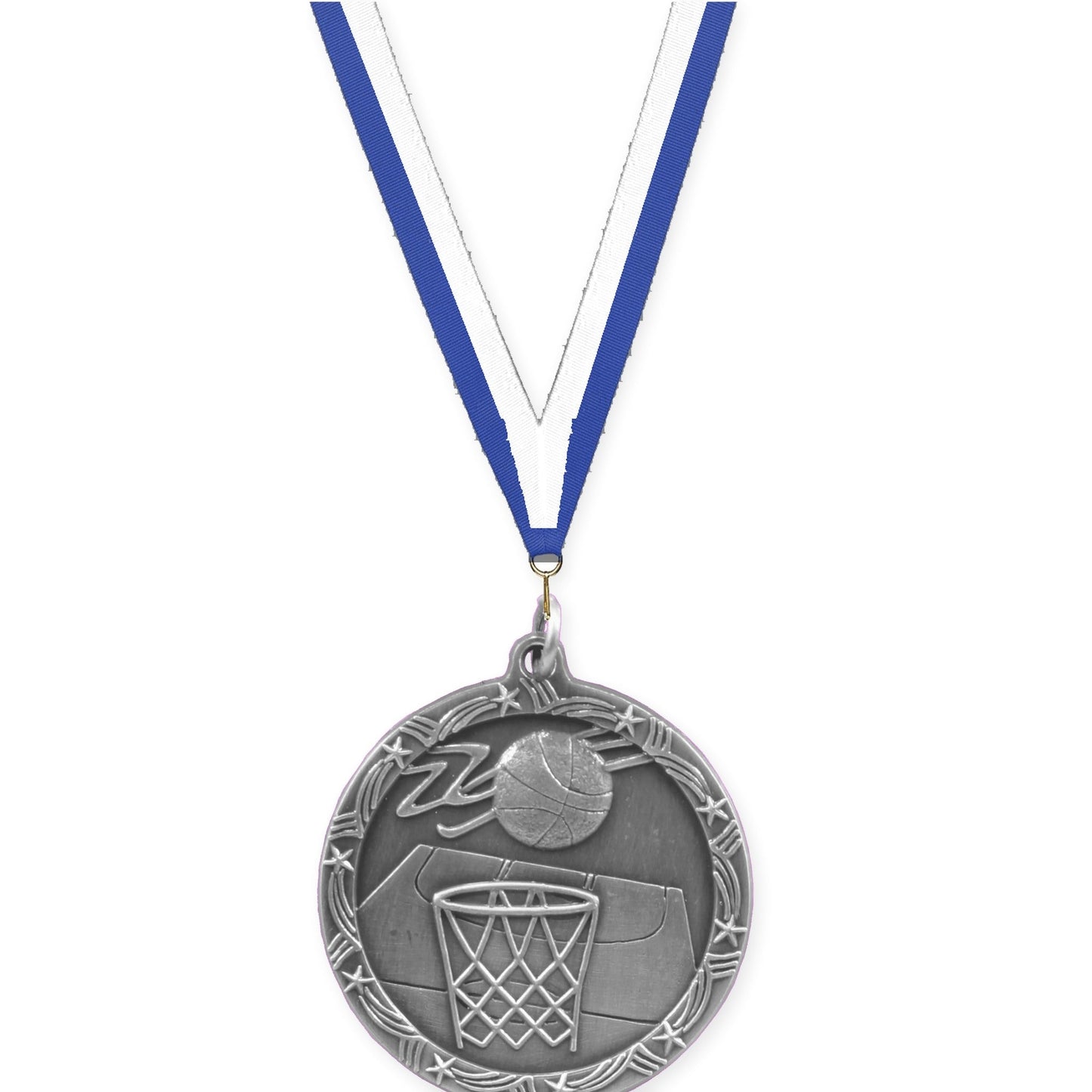 1 3/4 inch basketball Shooting Star medal in antique silver with Blue White neck ribbon