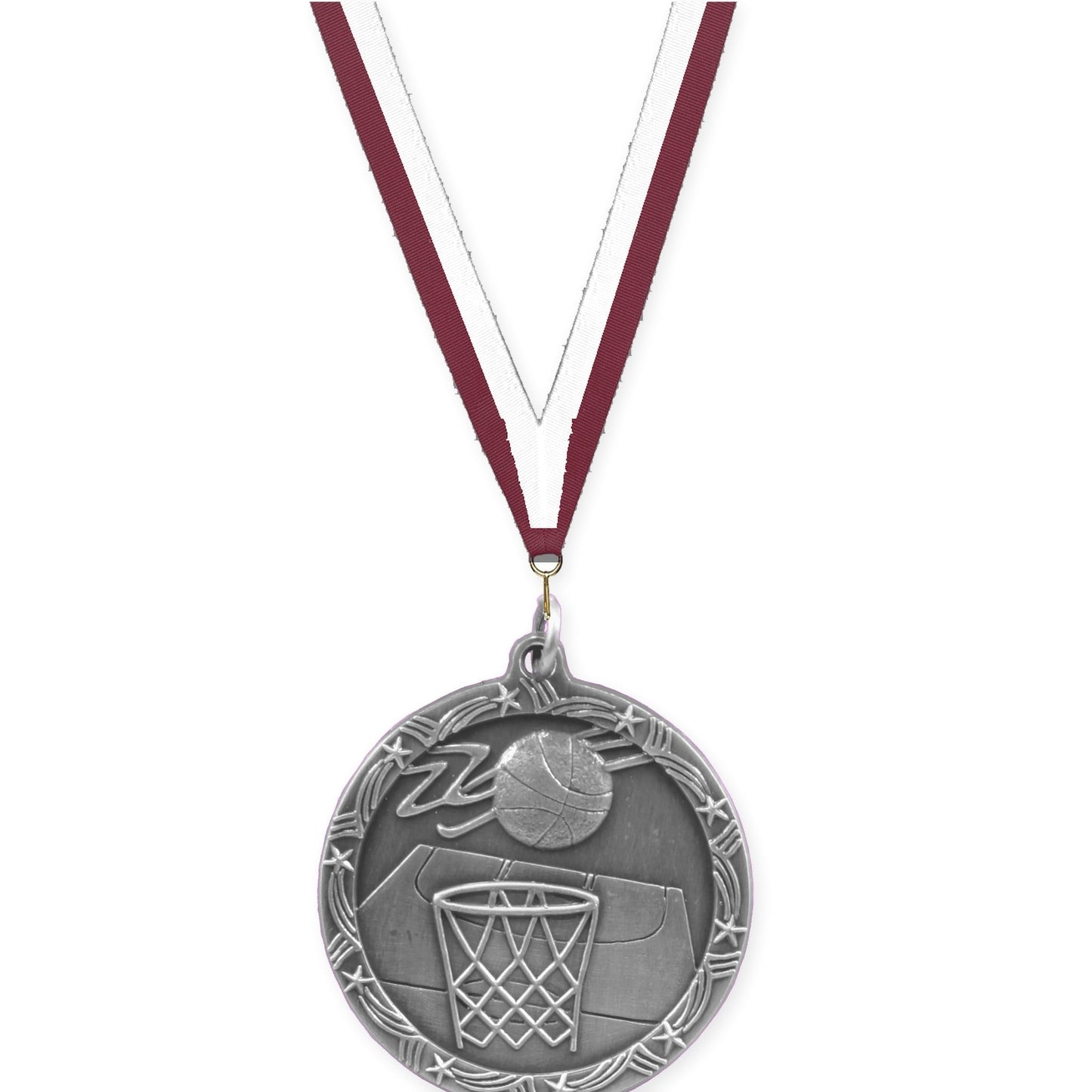 1 3/4 inch basketball Shooting Star medal in antique silver with Maroon White neck ribbon