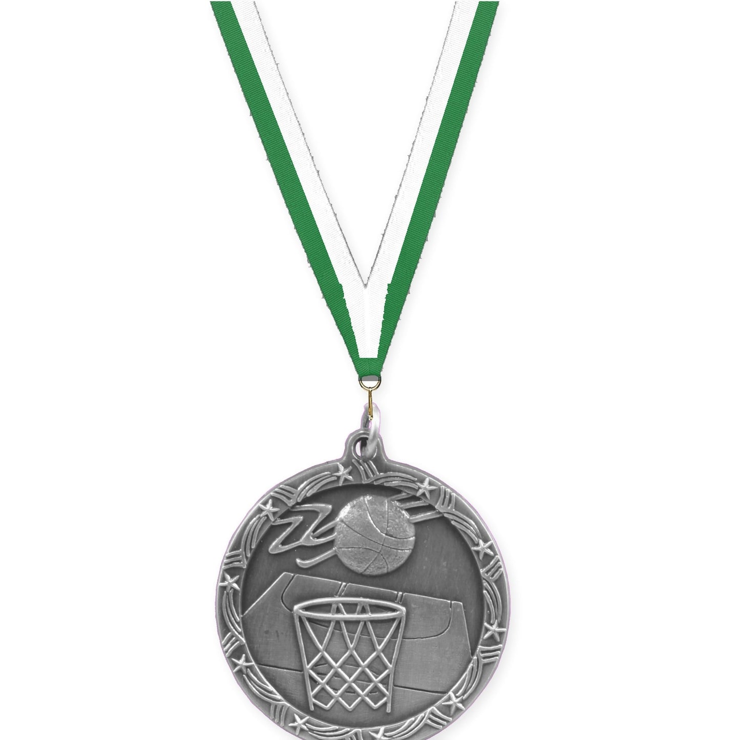 1 3/4 inch basketball Shooting Star medal in antique silver with Green White neck ribbon