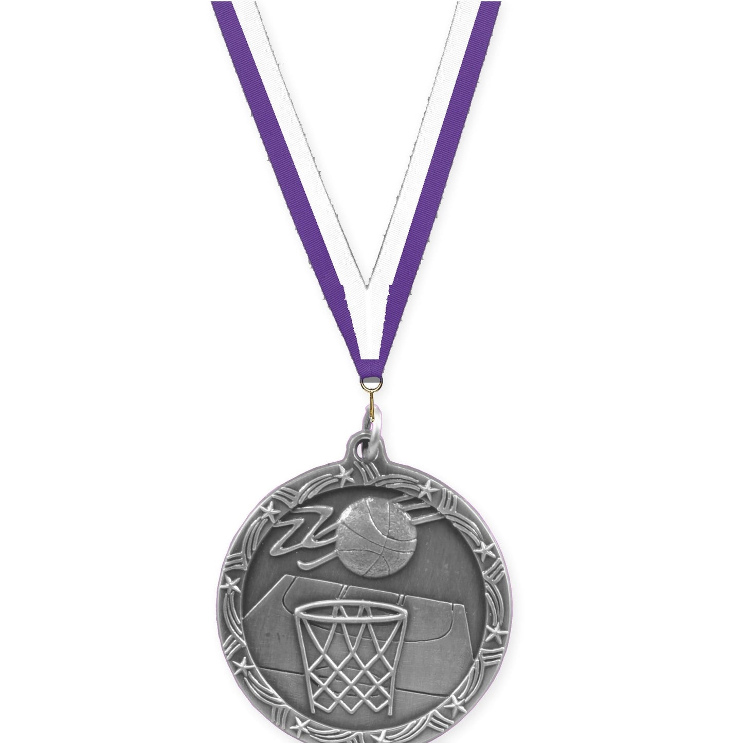 1 3/4 inch basketball Shooting Star medal in antique silver with Purple White neck ribbon