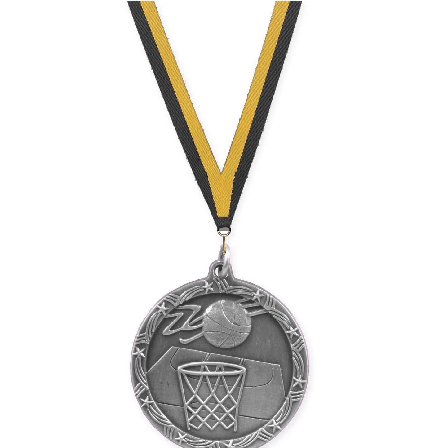 1 3/4 inch basketball Shooting Star medal in antique silver with Black Gold neck ribbon