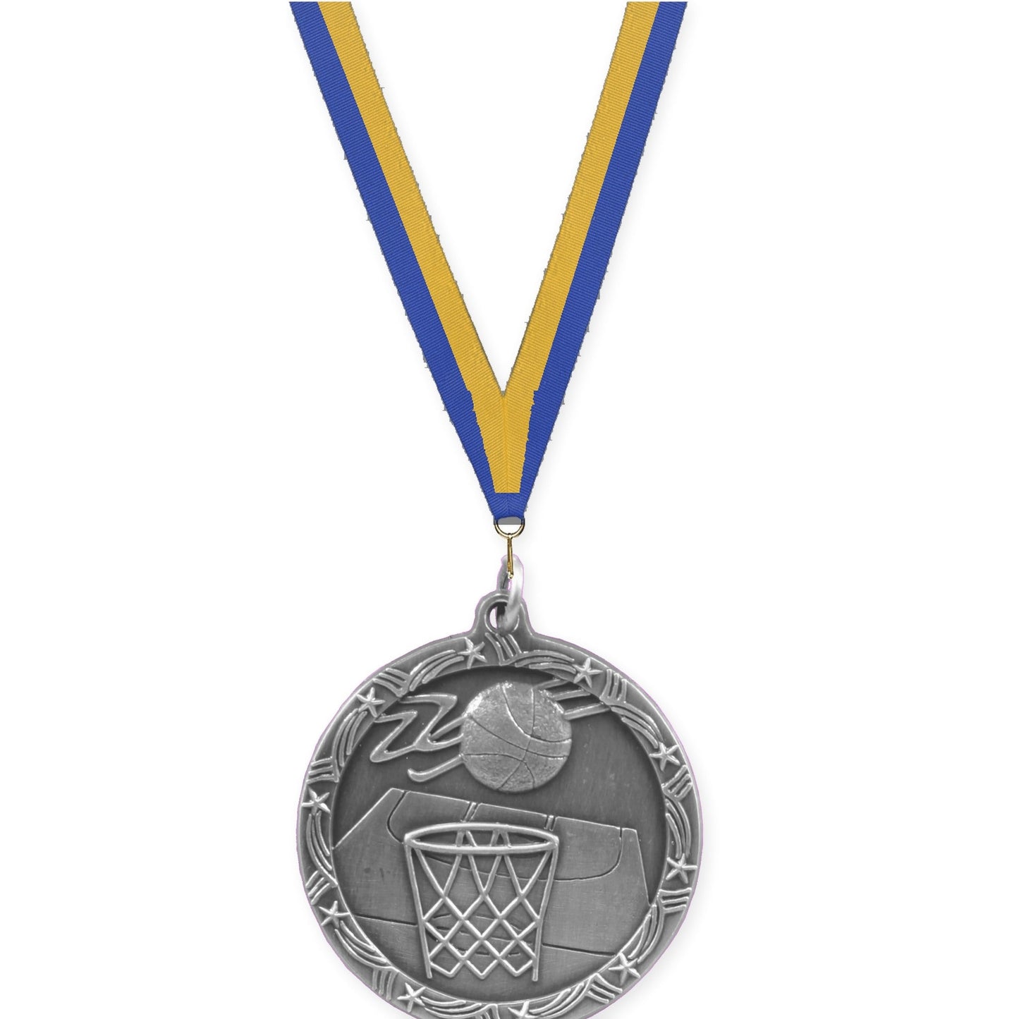 1 3/4 inch basketball Shooting Star medal in antique silver with Blue Gold neck ribbon