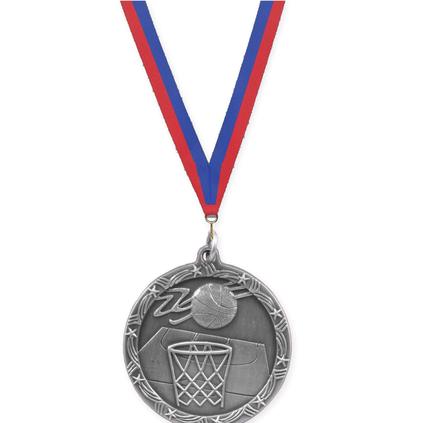 1 3/4 inch basketball Shooting Star medal in antique silver with Blue Red neck ribbon