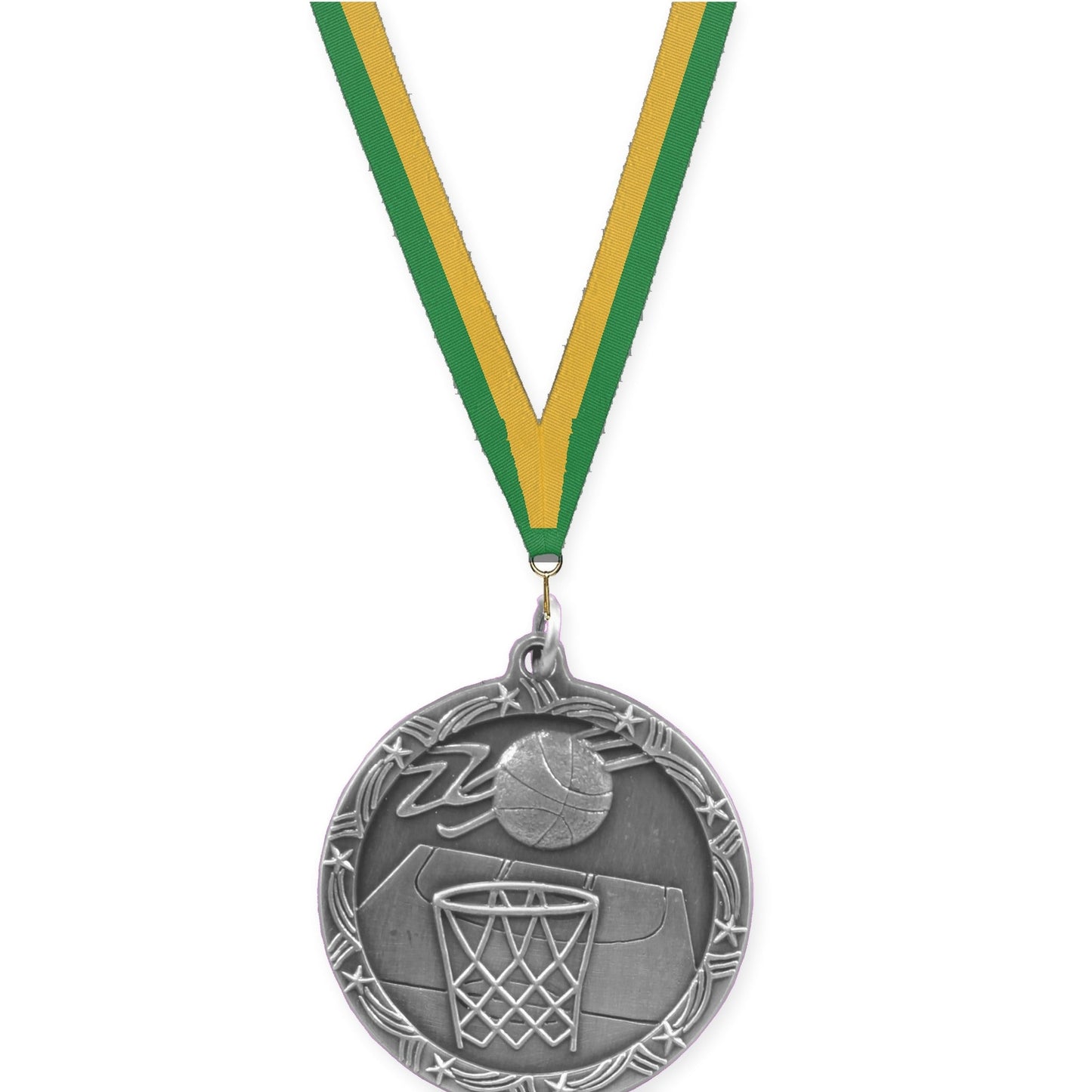 1 3/4 inch basketball Shooting Star medal in antique silver with Green Gold neck ribbon