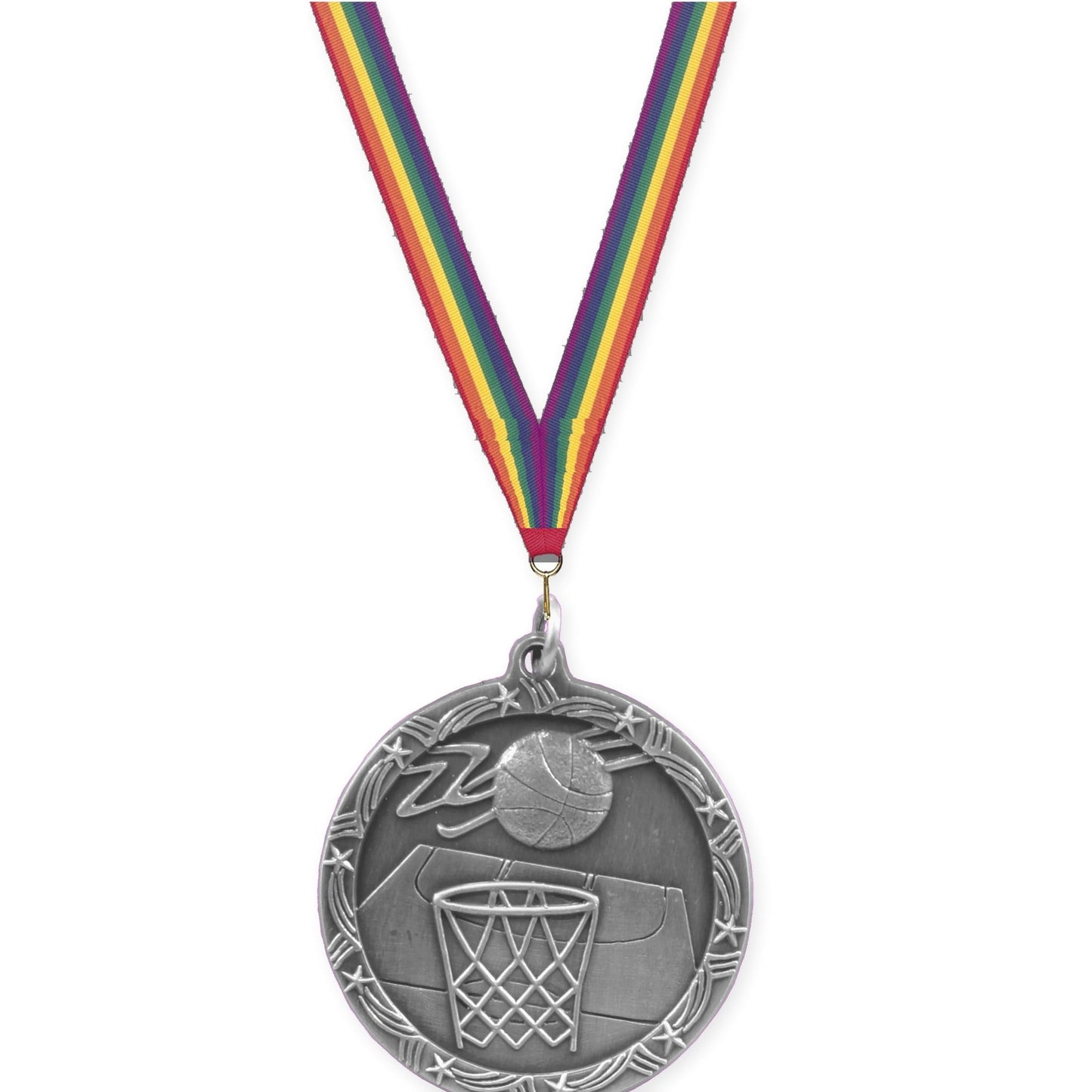 1 3/4 inch basketball Shooting Star medal in antique silver with Rainbow neck ribbon