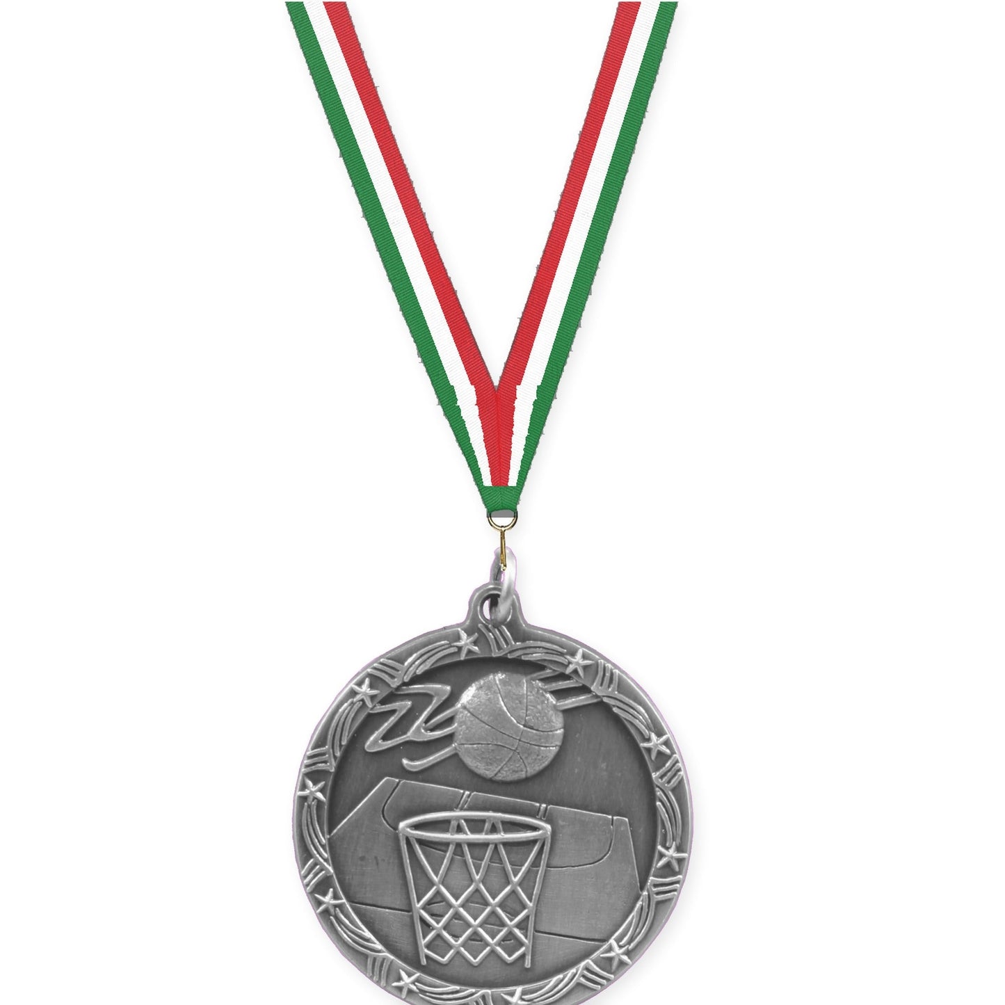 1 3/4 inch basketball Shooting Star medal in antique silver with Green White Red neck ribbon