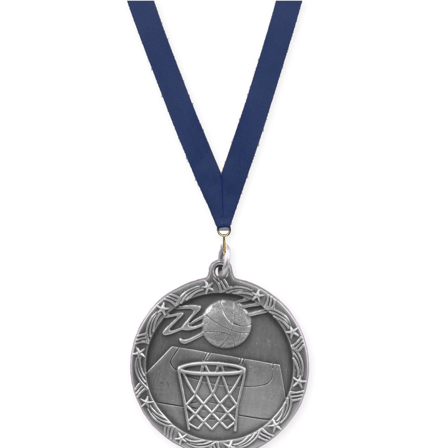 1 3/4 inch basketball Shooting Star medal in antique silver with Navy neck ribbon