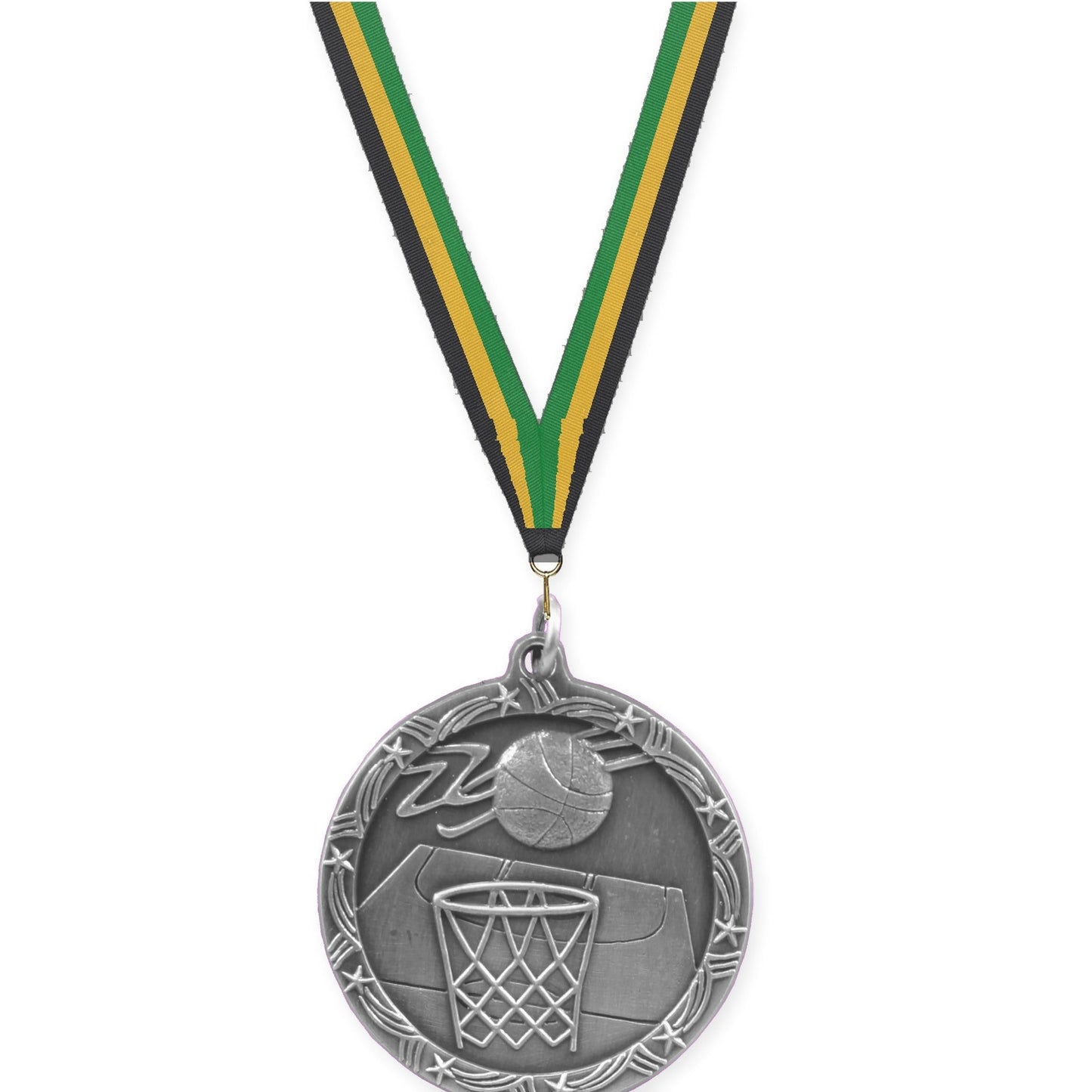 1 3/4 inch basketball Shooting Star medal in antique silver with Black Gold Green neck ribbon