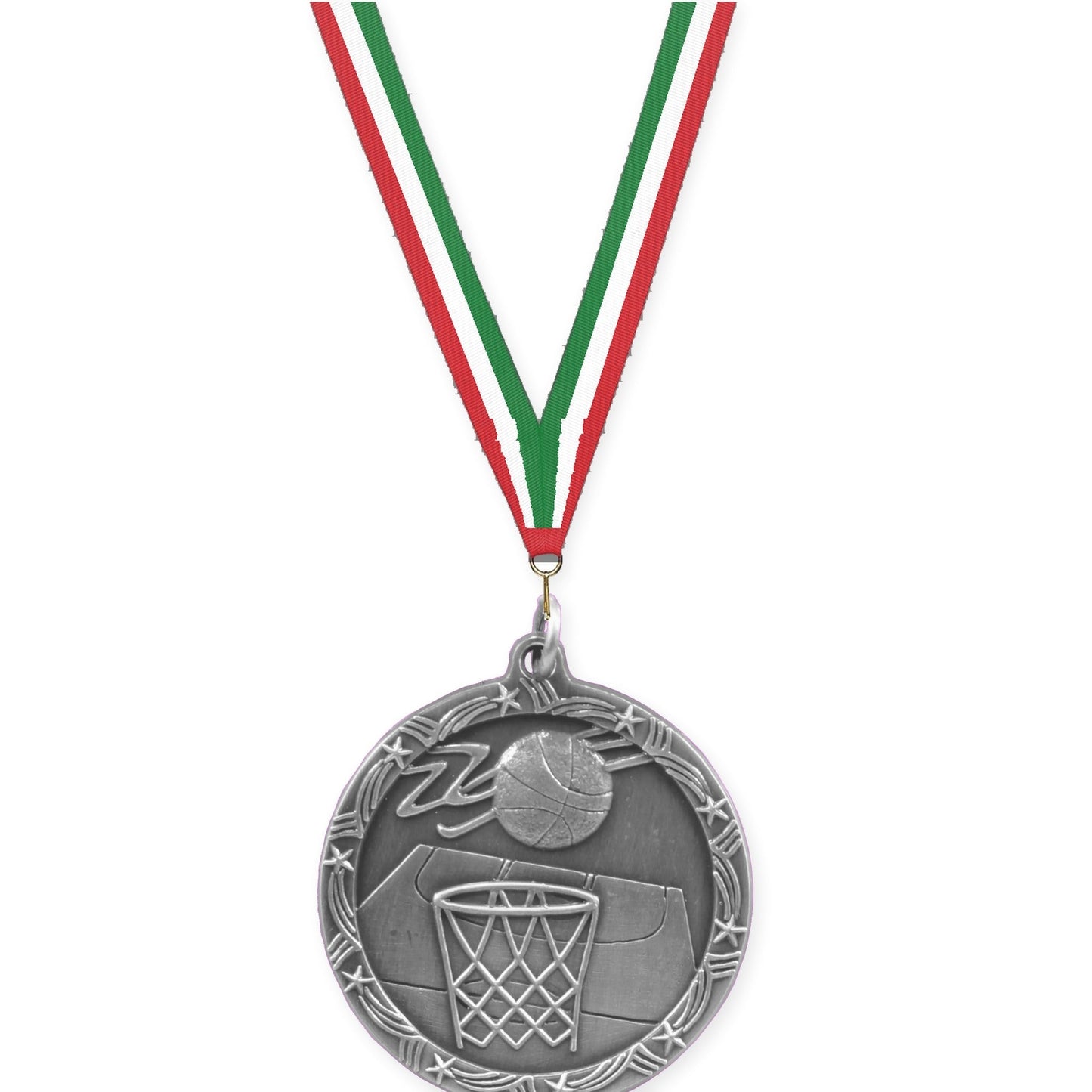 1 3/4 inch basketball Shooting Star medal in antique silver with Red White Green neck ribbon