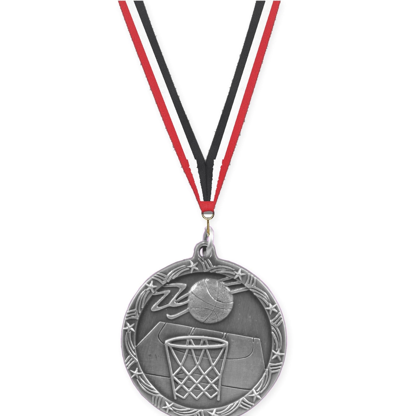 1 3/4 inch basketball Shooting Star medal in antique silver with Red White Black neck ribbon