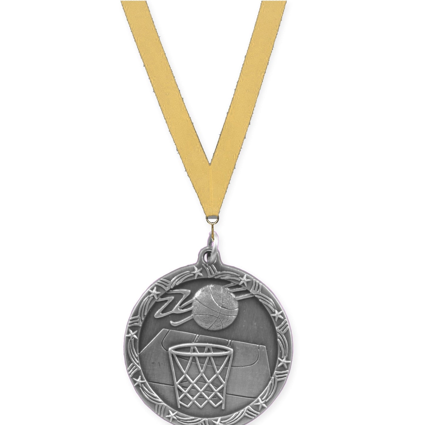1 3/4 inch basketball Shooting Star medal in antique silver with Gold Metallic neck ribbon