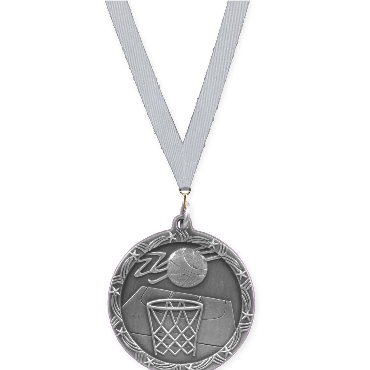 1 3/4 inch basketball Shooting Star medal in antique silver with Silver Metallic neck ribbon