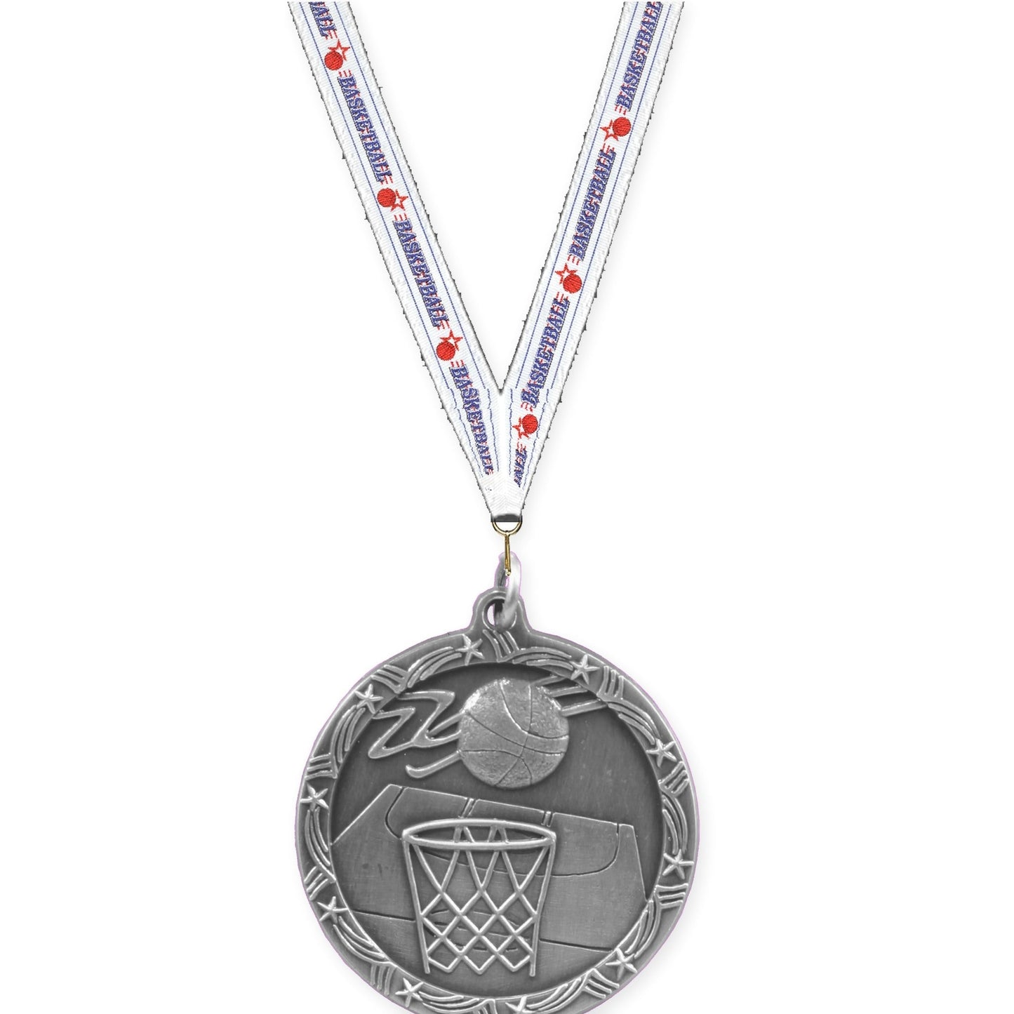 1 3/4 inch basketball Shooting Star medal in antique silver with Basketball neck ribbon