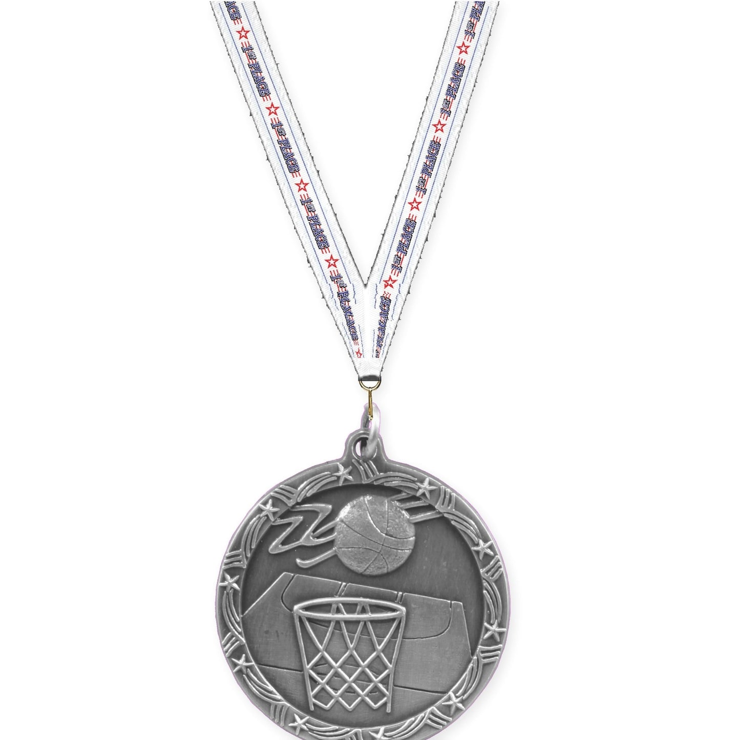 1 3/4 inch basketball Shooting Star medal in antique silver with 1st Place neck ribbon