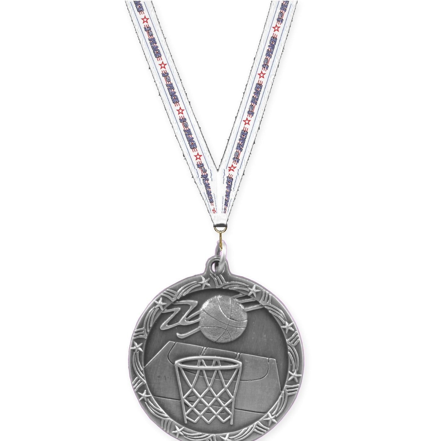 1 3/4 inch basketball Shooting Star medal in antique silver with 2nd Place neck ribbon