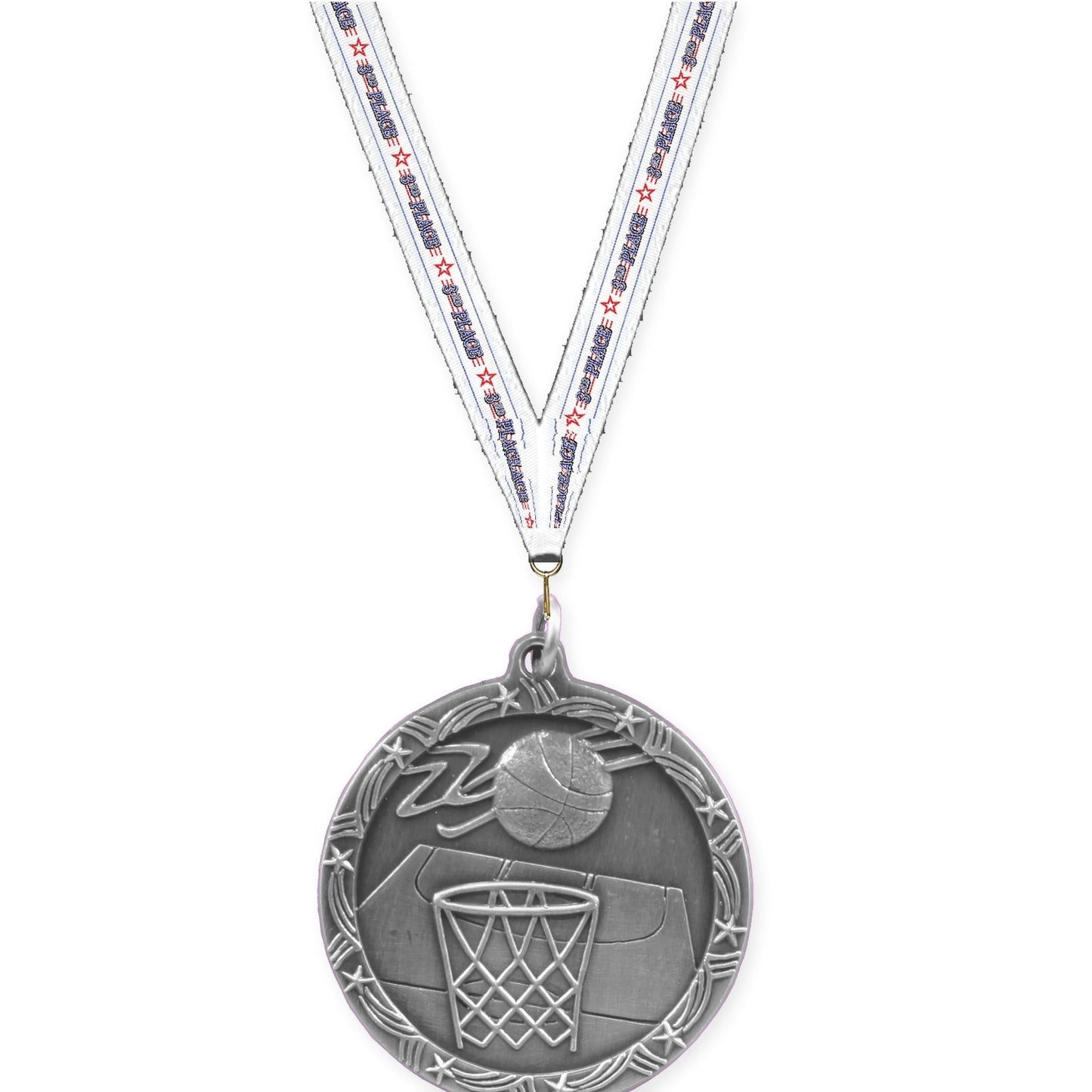 1 3/4 inch basketball Shooting Star medal in antique silver with 3rd Place neck ribbon