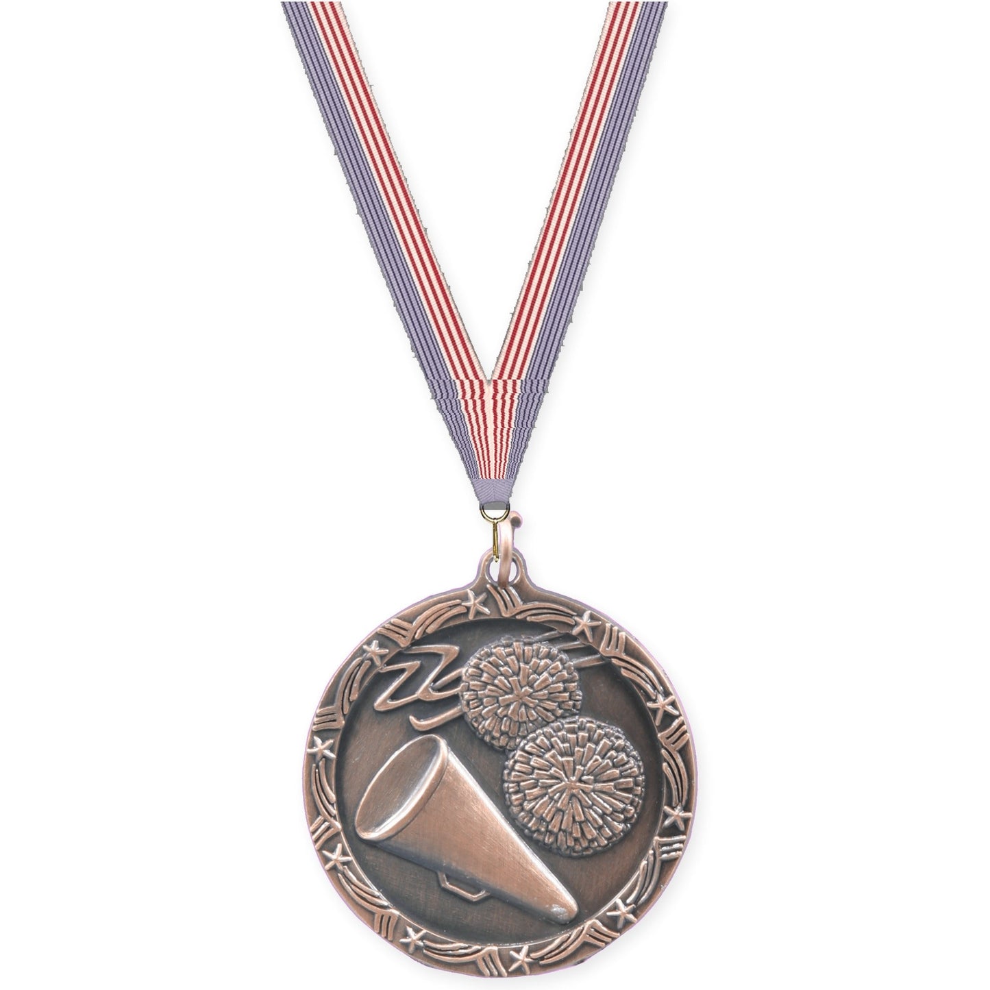 1 3/4 inch cheerleading Shooting Star medal in antique bronze with USA Flag neck ribbon
