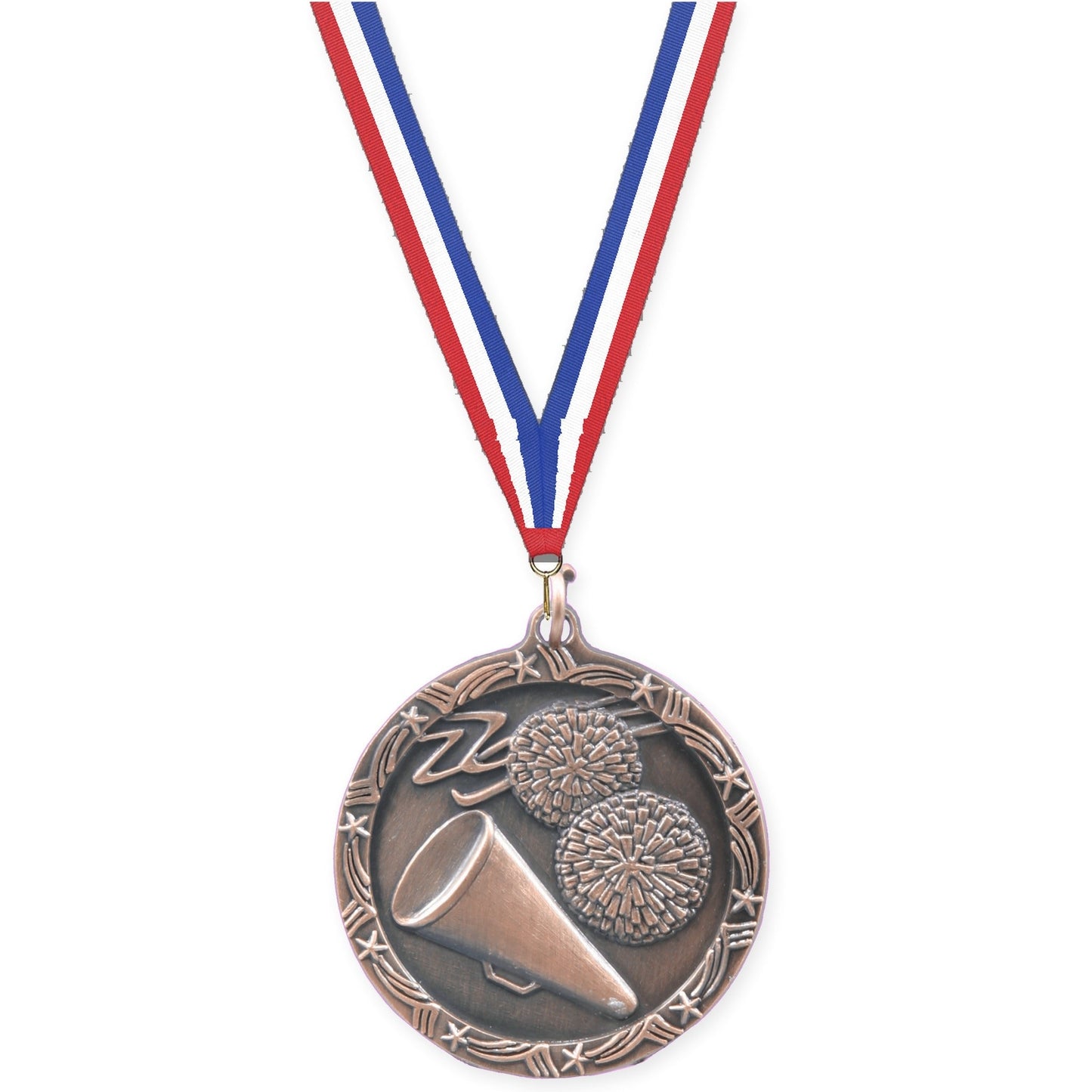1 3/4 inch cheerleading Shooting Star medal in antique bronze with Red White Blue neck ribbon