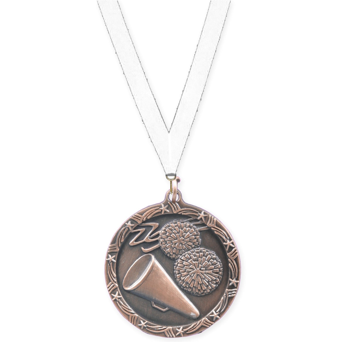 1 3/4 inch cheerleading Shooting Star medal in antique bronze with White neck ribbon