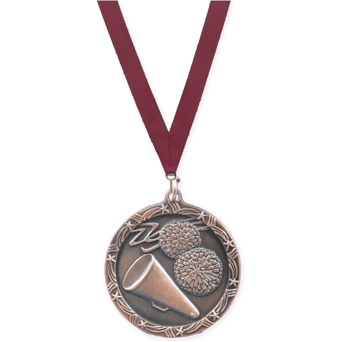 1 3/4 inch cheerleading Shooting Star medal in antique bronze with Maroon neck ribbon