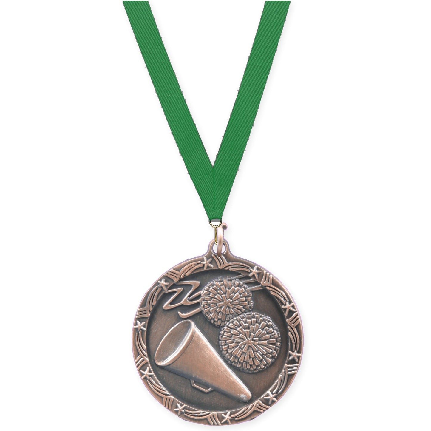 1 3/4 inch cheerleading Shooting Star medal in antique bronze with Green neck ribbon